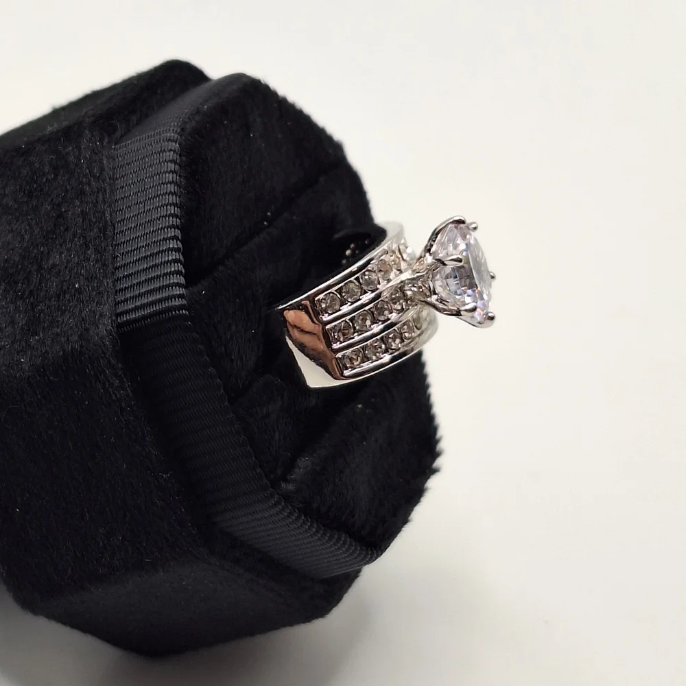 Swarovski Crystal Ring Size 7 | Round Diamond Look Statement Ring | Wide Band - Picture 5 of 16